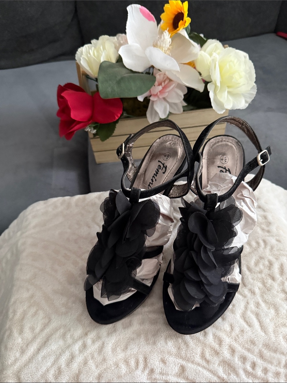 Feminine Funk Black Floral T-Strap Heels